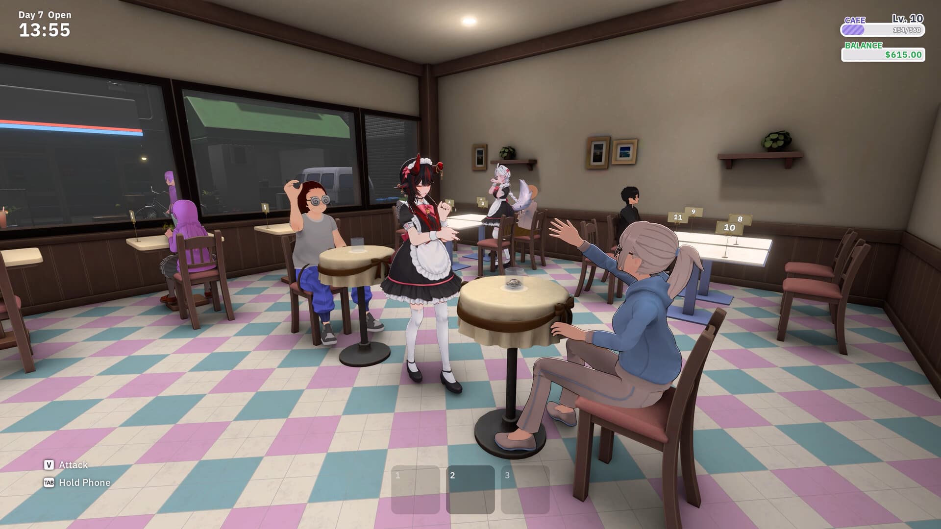 Official Maid Cafe Simulator cafe interior with staff and customers